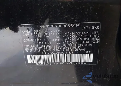 2023 Subaru Ascent Onyx Edition Limited 7-Passenger z USA, uszkodzony, nr VIN 4S4WMAKD3P3444823